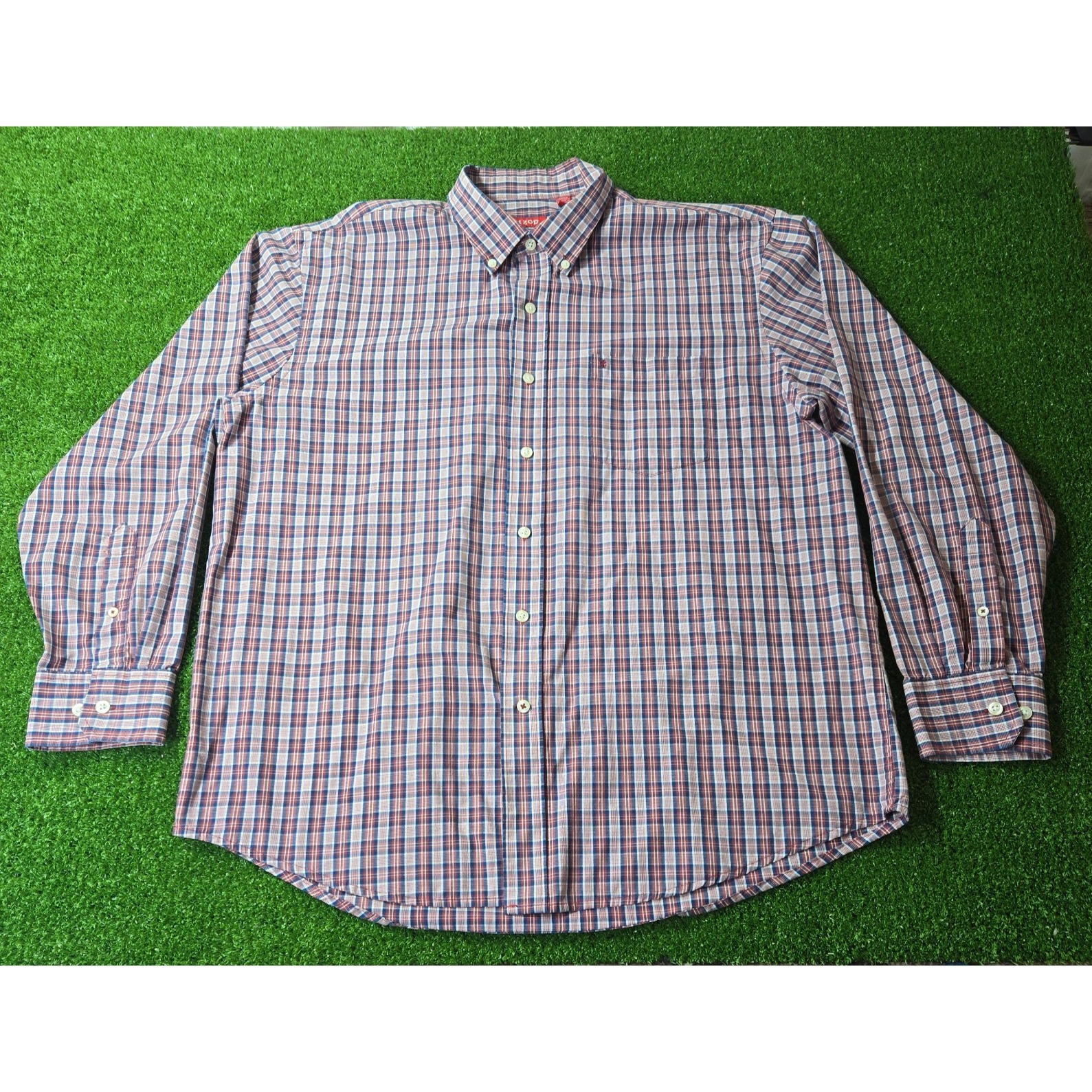 Izod Shirt Mens Xl Red, White & Blue Plaid Long Sleeve Button Up